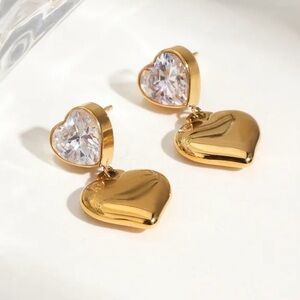 Gold Heart Drop Earrings with Crystal Stud